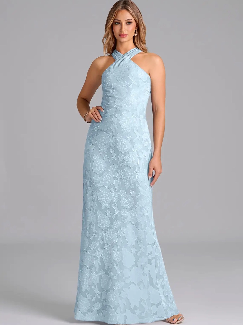 Azazie Sky Blue Halter Floral Burnout Bridesmaid Dress
